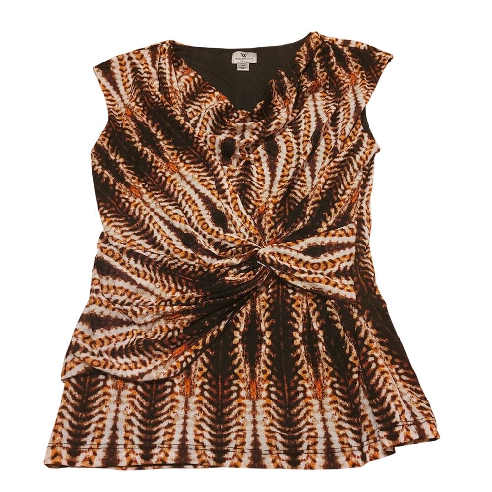 Vtg Y2K Women's Patterned Sleeveless Top Rouched Black/Brown PS Fairy Grunge